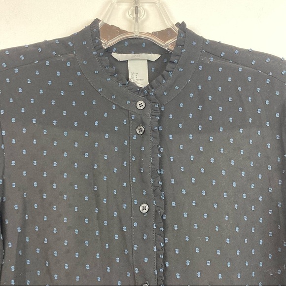 H&M Sheer Clip Dot Button Down High Neck Ruffle Detail Blouse - Picture 9 of 14